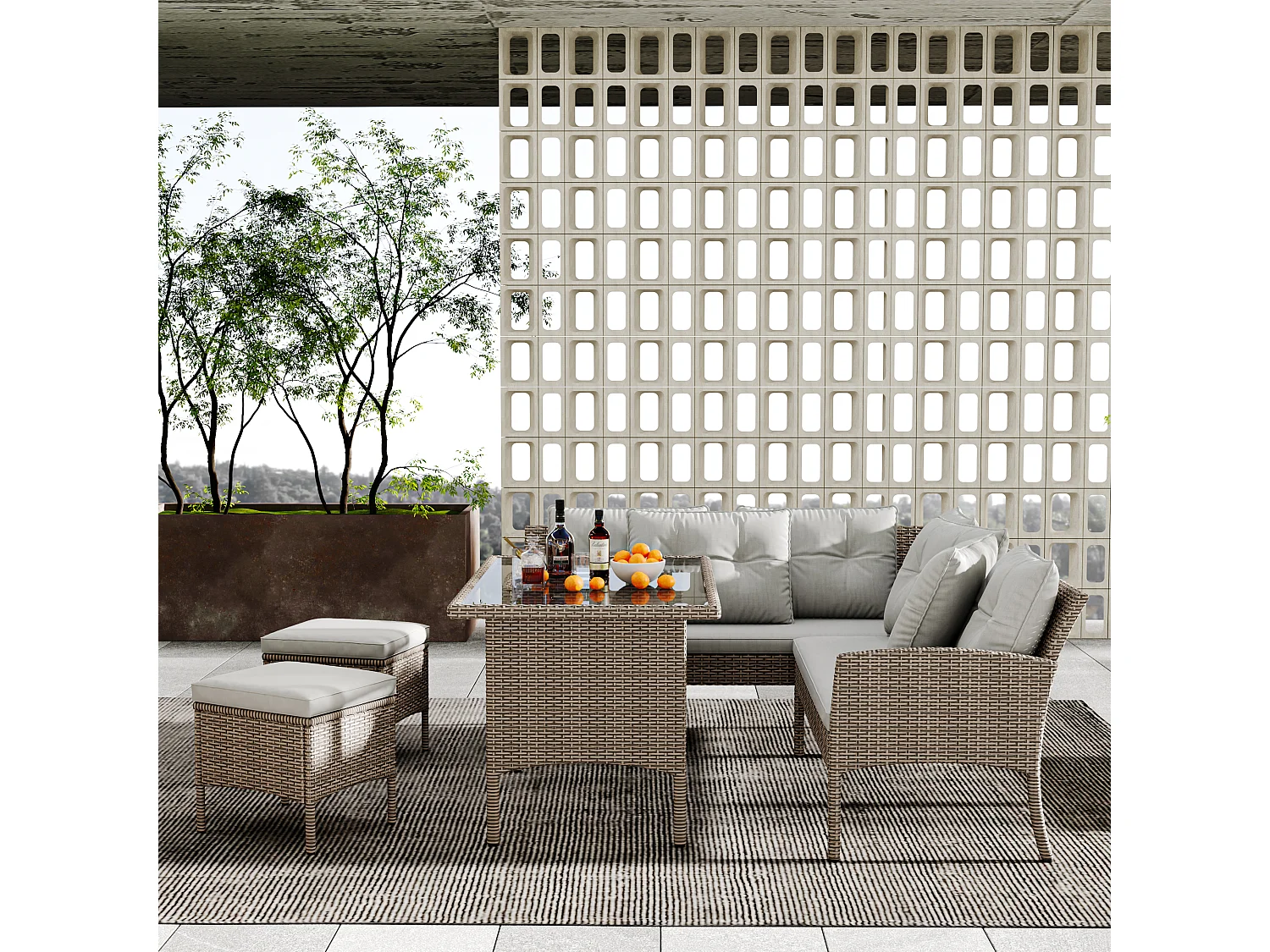 Ensemble salon de jardin en polyrotin 7 places avec avec canapé, table, tabouret et coussin - Anti-UV - Coloris kaki