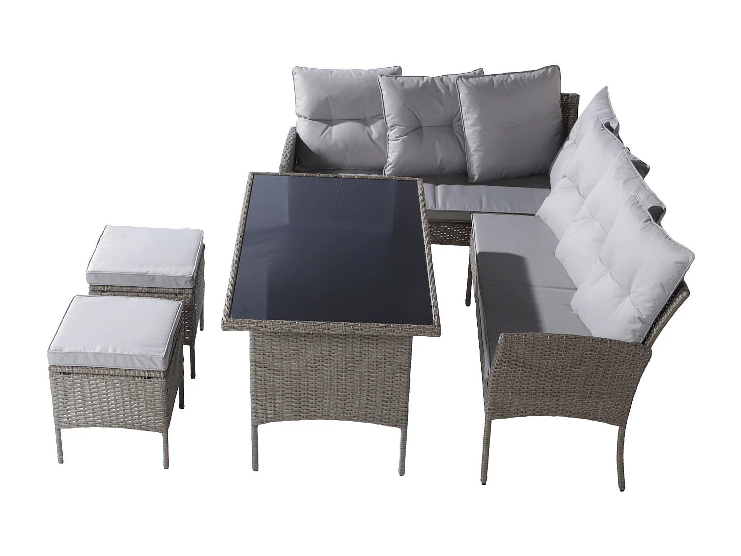 Ensemble salon de jardin en polyrotin 7 places avec avec canapé, table, tabouret et coussin - Anti-UV - Coloris kaki