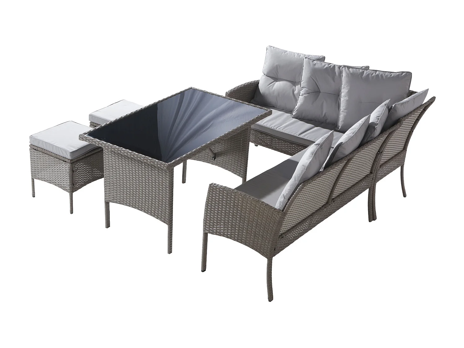 Ensemble salon de jardin en polyrotin 7 places avec avec canapé, table, tabouret et coussin - Anti-UV - Coloris kaki