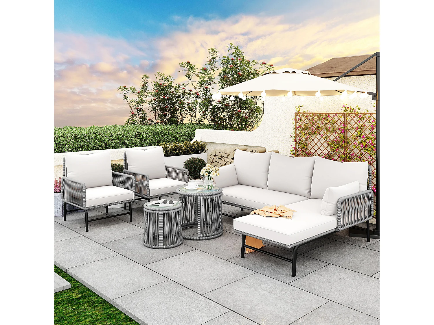 Ensemble salon de jardin en fer 6 places : 2 fauteuils + 2 canapés d'angle + tables basses gigognes - Coussins inclus - gris + blanc