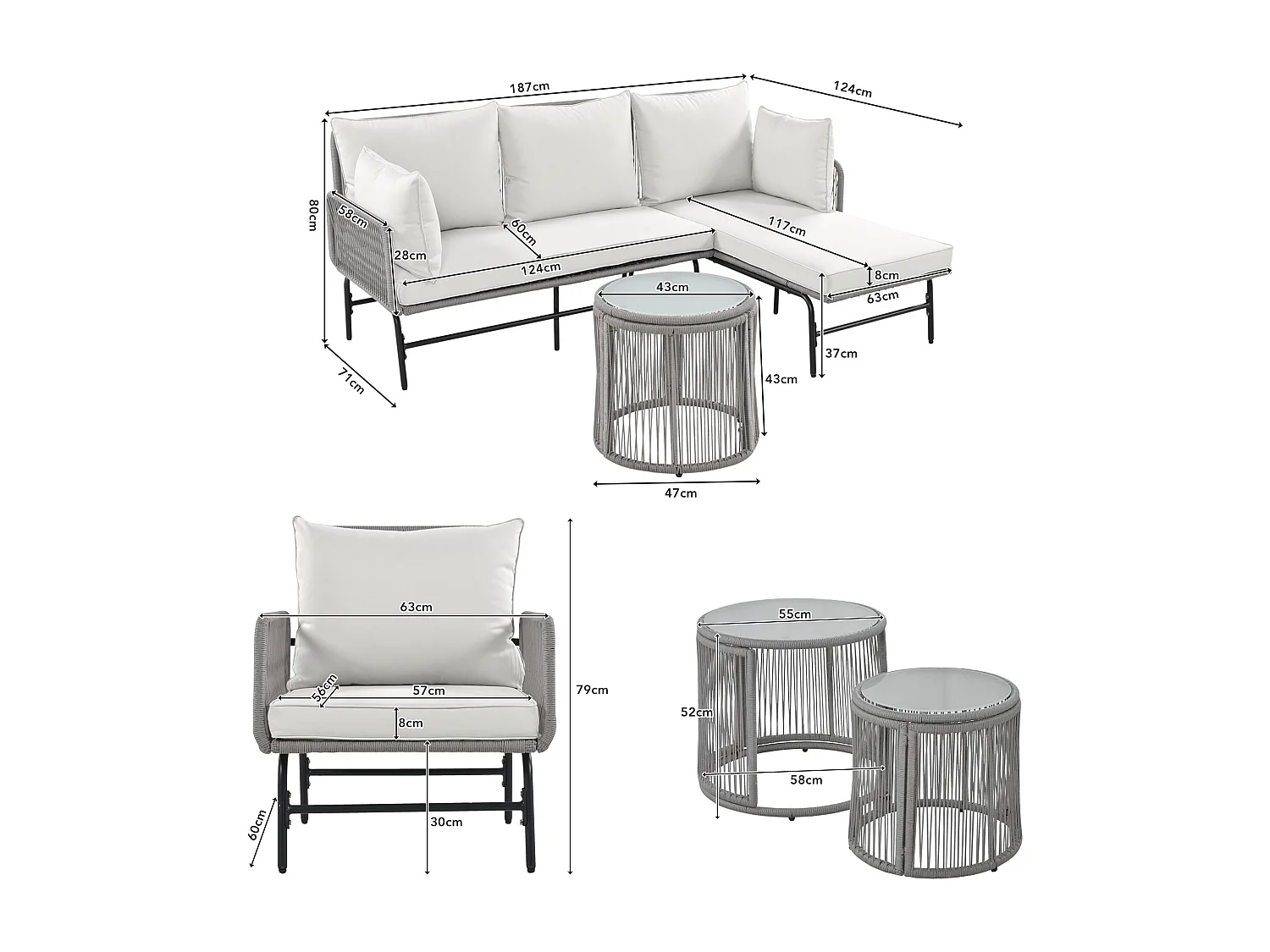Ensemble salon de jardin en fer 6 places : 2 fauteuils + 2 canapés d'angle + tables basses gigognes - Coussins inclus - gris + blanc