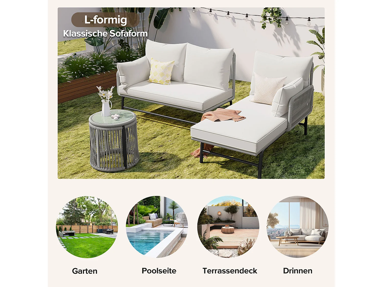 Ensemble salon de jardin en fer 6 places : 2 fauteuils + 2 canapés d'angle + tables basses gigognes - Coussins inclus - gris + blanc