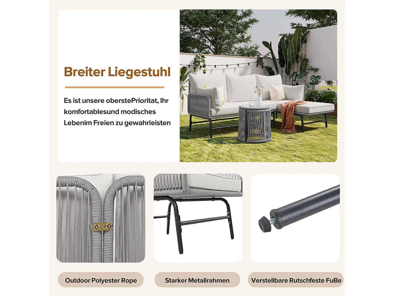 Ensemble salon de jardin en fer 6 places : 2 fauteuils + 2 canapés d'angle + tables basses gigognes - Coussins inclus - gris + blanc