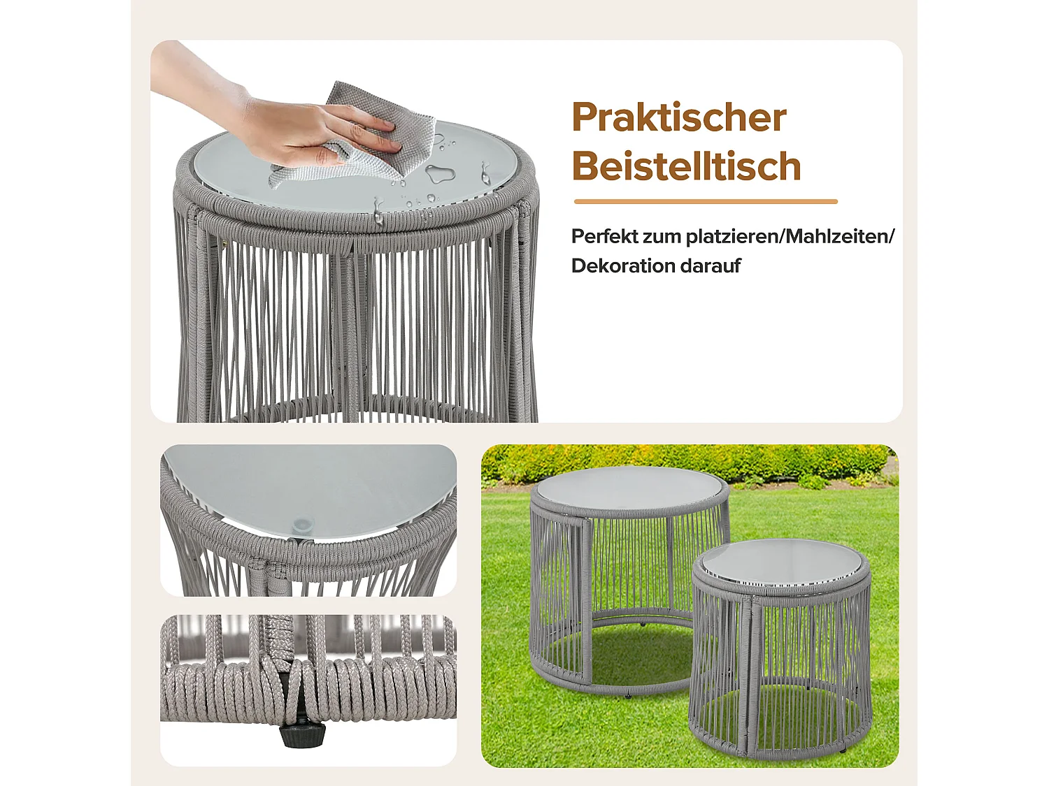 Ensemble salon de jardin en fer 6 places : 2 fauteuils + 2 canapés d'angle + tables basses gigognes - Coussins inclus - gris + blanc