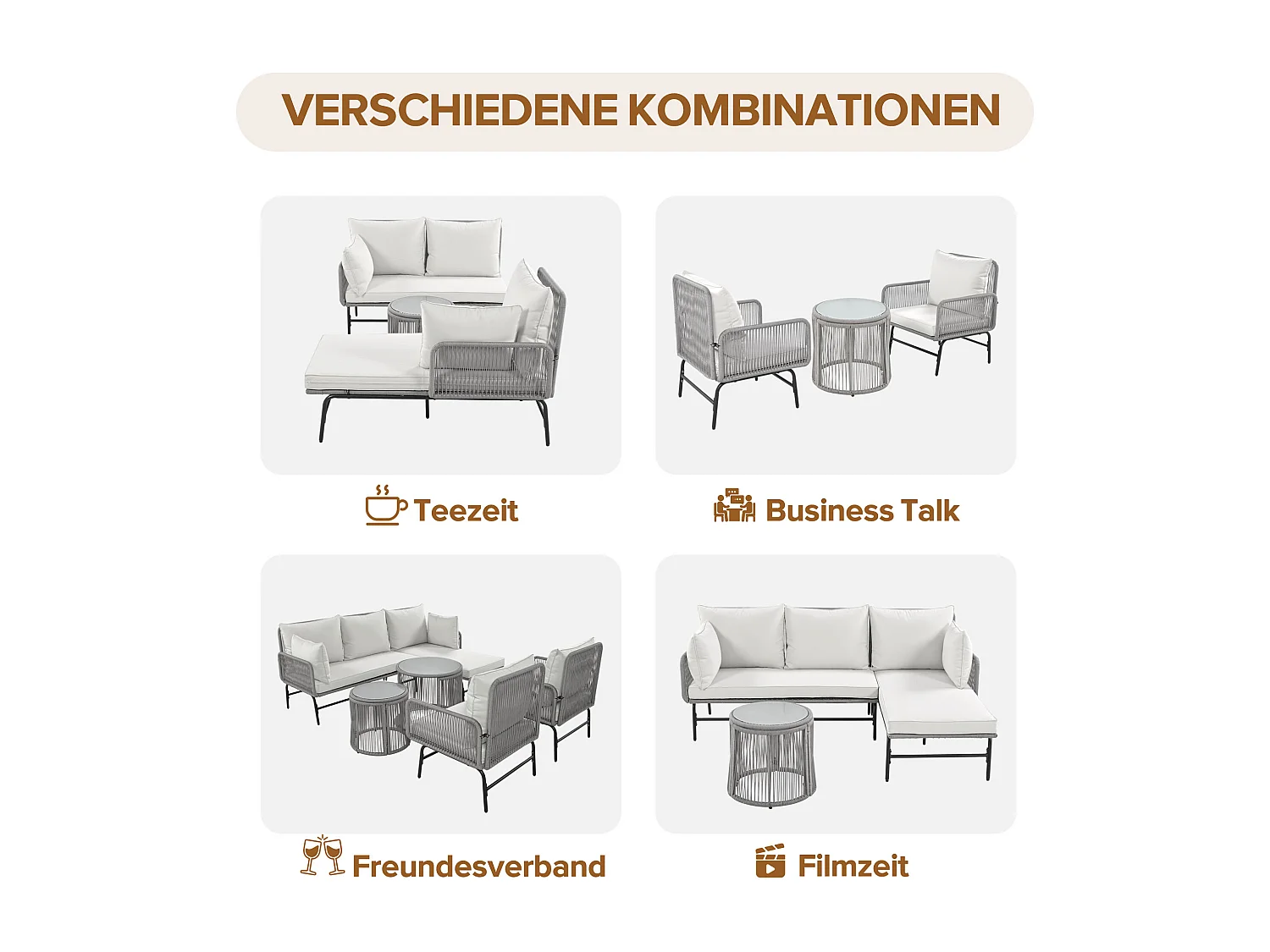 Ensemble salon de jardin en fer 6 places : 2 fauteuils + 2 canapés d'angle + tables basses gigognes - Coussins inclus - gris + blanc