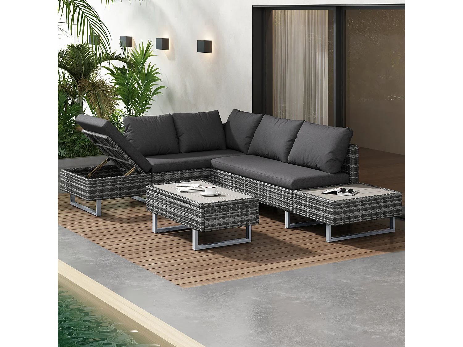 Ensemble Canapé de jardin 5 places avec coffre de rangement - Épaisseur du rembourrage 7 cm - Rotin PE - Gris et gris clair