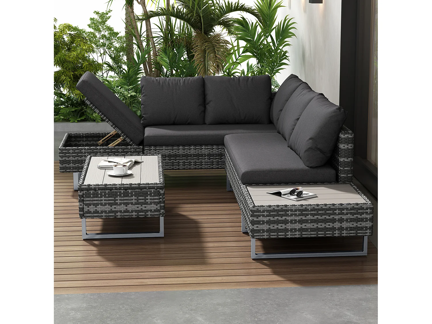 Ensemble Canapé de jardin 5 places avec coffre de rangement - Épaisseur du rembourrage 7 cm - Rotin PE - Gris et gris clair