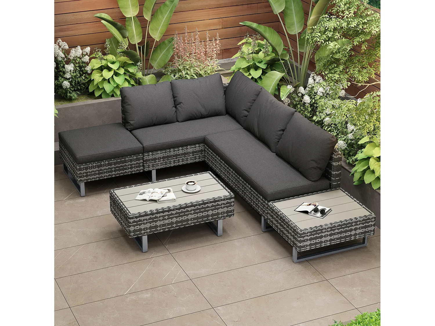 Ensemble Canapé de jardin 5 places avec coffre de rangement - Épaisseur du rembourrage 7 cm - Rotin PE - Gris et gris clair