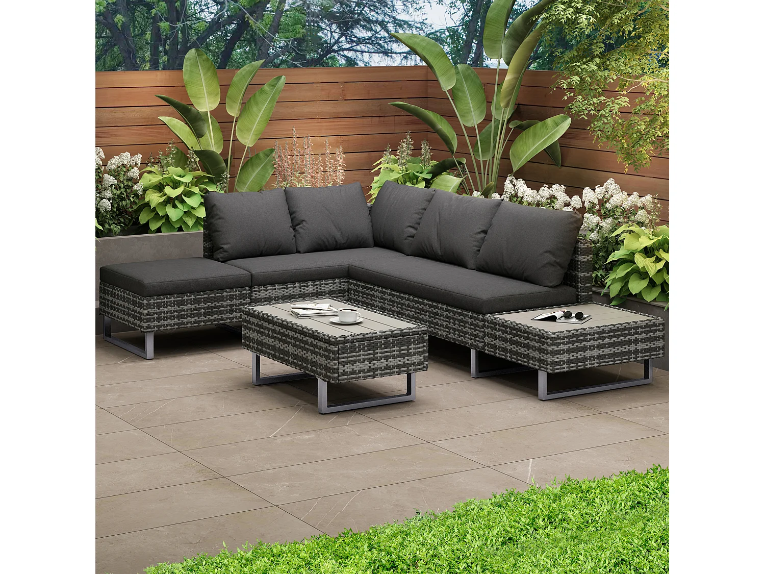 Ensemble Canapé de jardin 5 places avec coffre de rangement - Épaisseur du rembourrage 7 cm - Rotin PE - Gris et gris clair