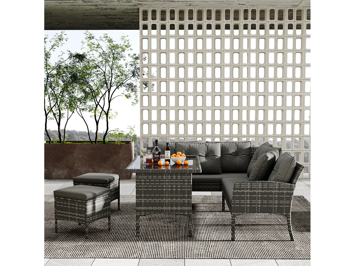 7-Sitzer-Gartenmöbelset aus Polyrattan mit Sofa, Tisch, Hocker und Kissen – UV-beständig – Farbe Grau