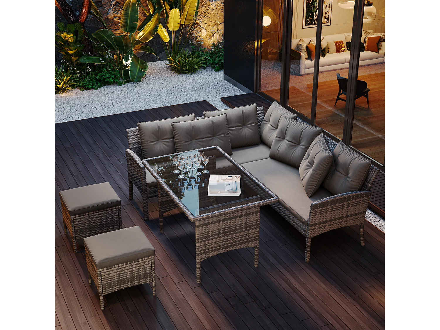 7-Sitzer-Gartenmöbelset aus Polyrattan mit Sofa, Tisch, Hocker und Kissen – UV-beständig – Farbe Grau