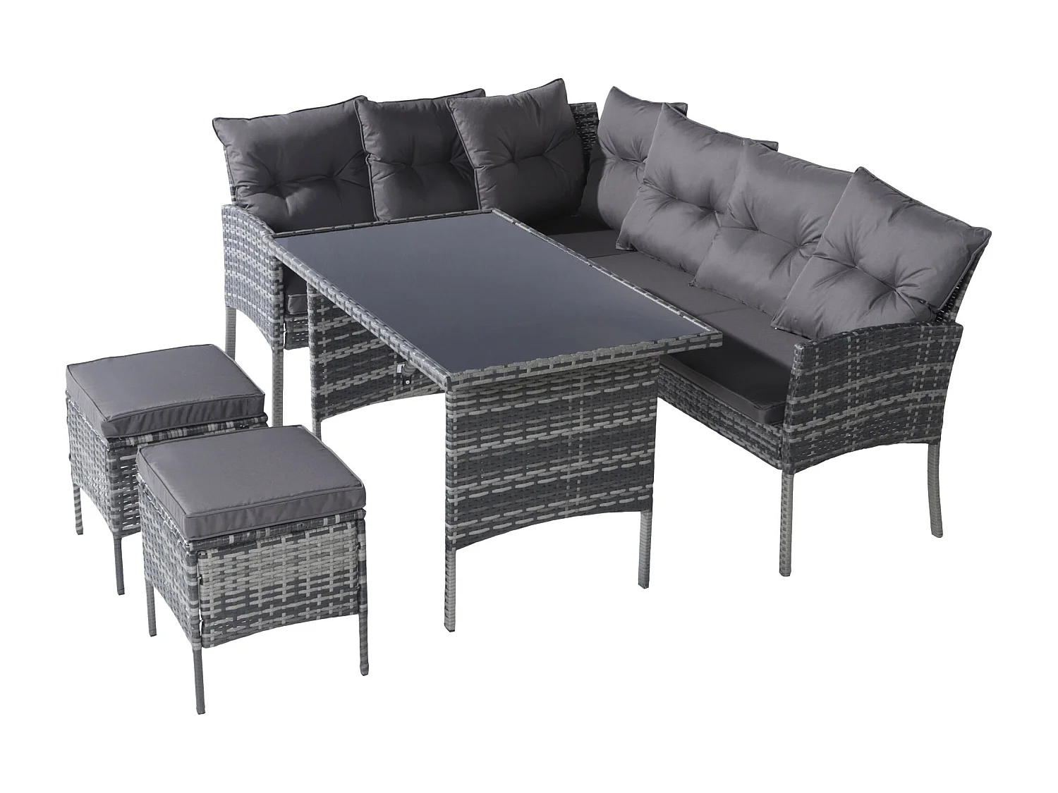 7-Sitzer-Gartenmöbelset aus Polyrattan mit Sofa, Tisch, Hocker und Kissen – UV-beständig – Farbe Grau