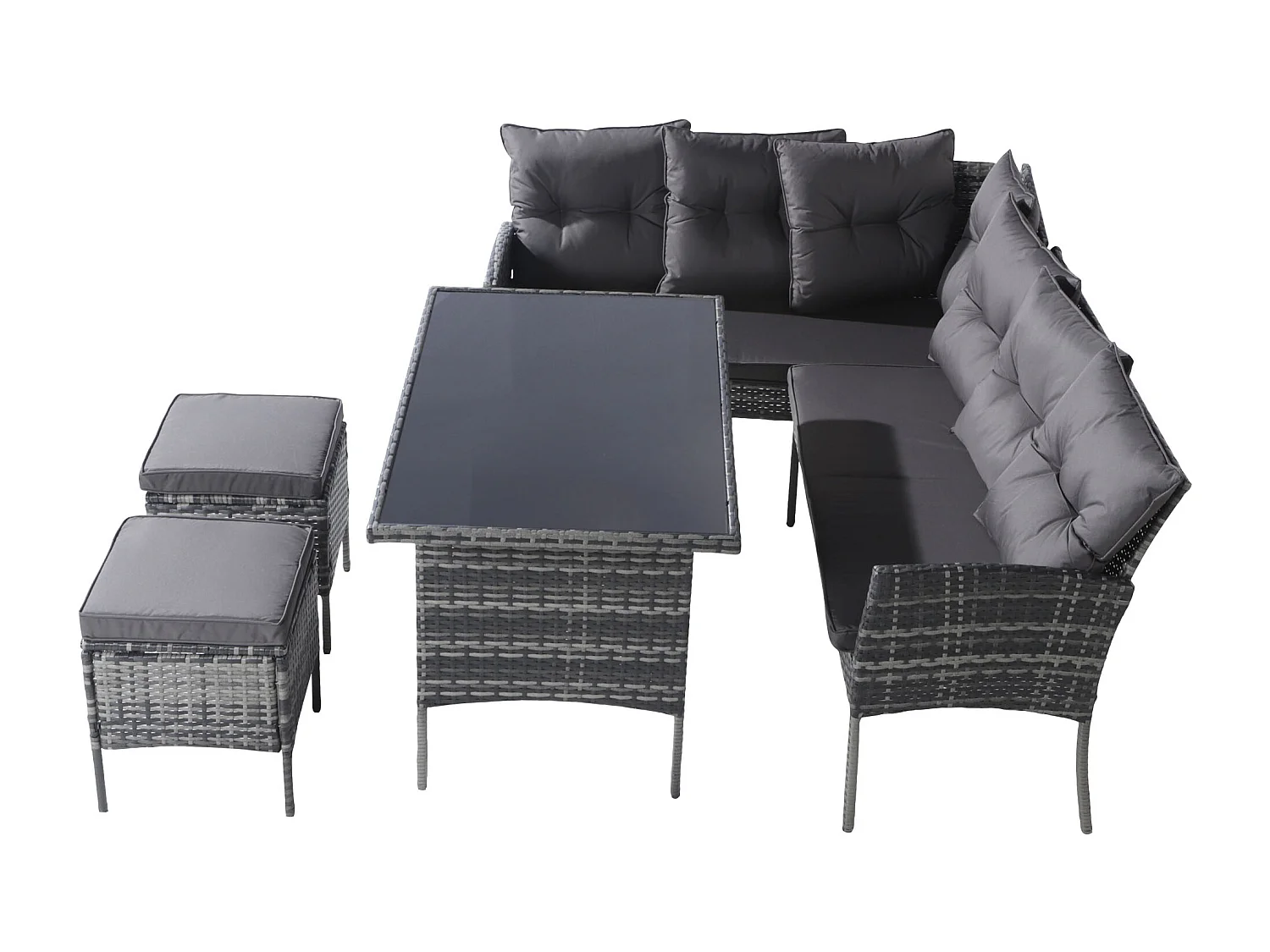 7-Sitzer-Gartenmöbelset aus Polyrattan mit Sofa, Tisch, Hocker und Kissen – UV-beständig – Farbe Grau