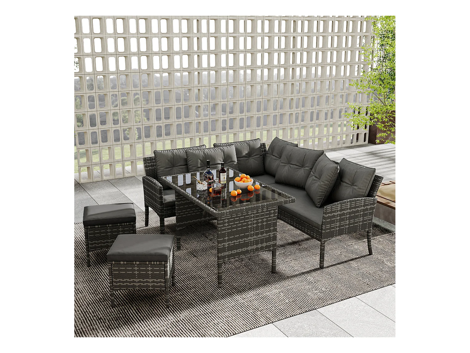 Ensemble salon de jardin en polyrotin 7 places avec avec canapé, table, tabouret et coussin - Anti-UV - Coloris gris