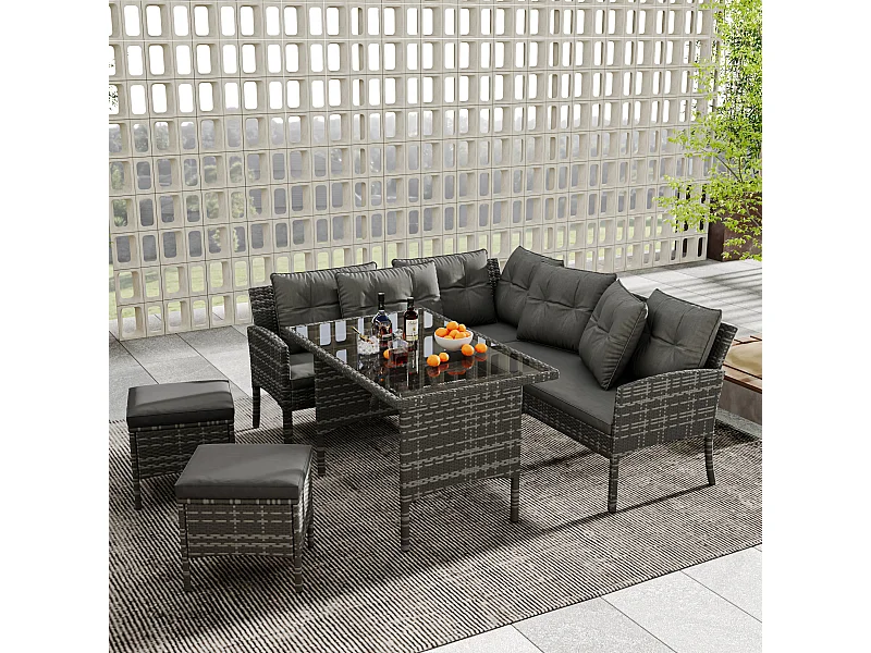 7-zits tuinmeubelset van polyrotan met bank, tafel, kruk en kussen - Anti-UV - kleur grijs