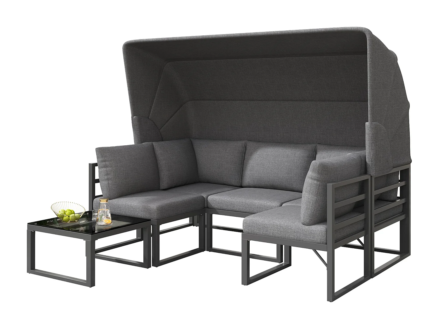 Salon de jardin en métal avec pare-soleil pliable 5 places - 1 Canapé 3 places + 2 fauteuils + 1 table basse - Gris