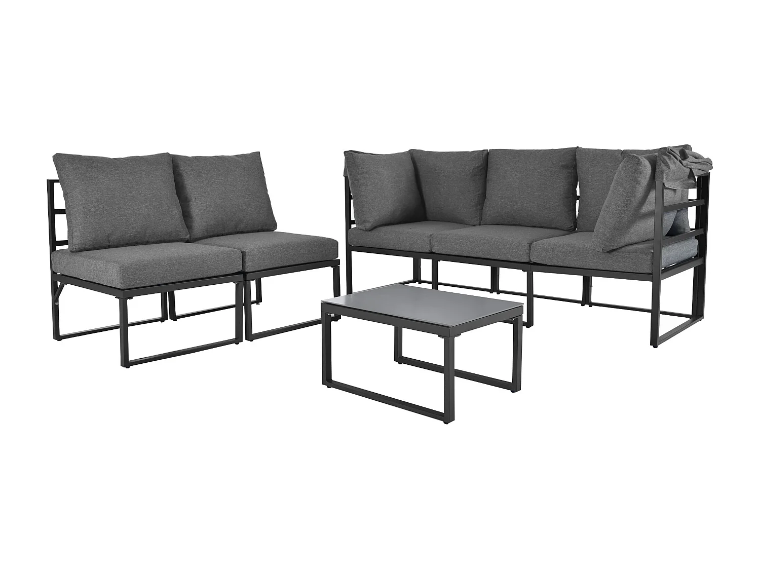 Salon de jardin en métal avec pare-soleil pliable 5 places - 1 Canapé 3 places + 2 fauteuils + 1 table basse - Gris