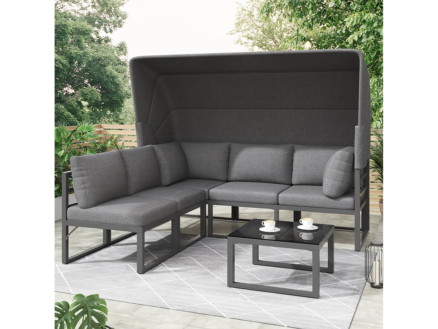 5-Sitzer-Gartenmöbelset aus Metall mit klappbarem Sonnenschirm - 1 3-Sitzer-Sofa + 2 Sessel + 1 Couchtisch - Grau