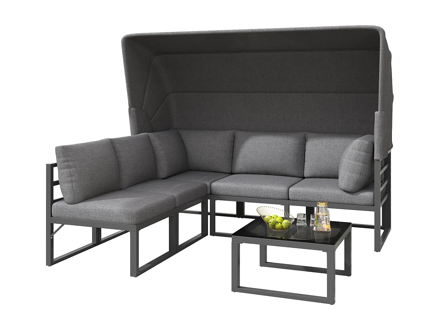 5-Sitzer-Gartenmöbelset aus Metall mit klappbarem Sonnenschirm - 1 3-Sitzer-Sofa + 2 Sessel + 1 Couchtisch - Grau