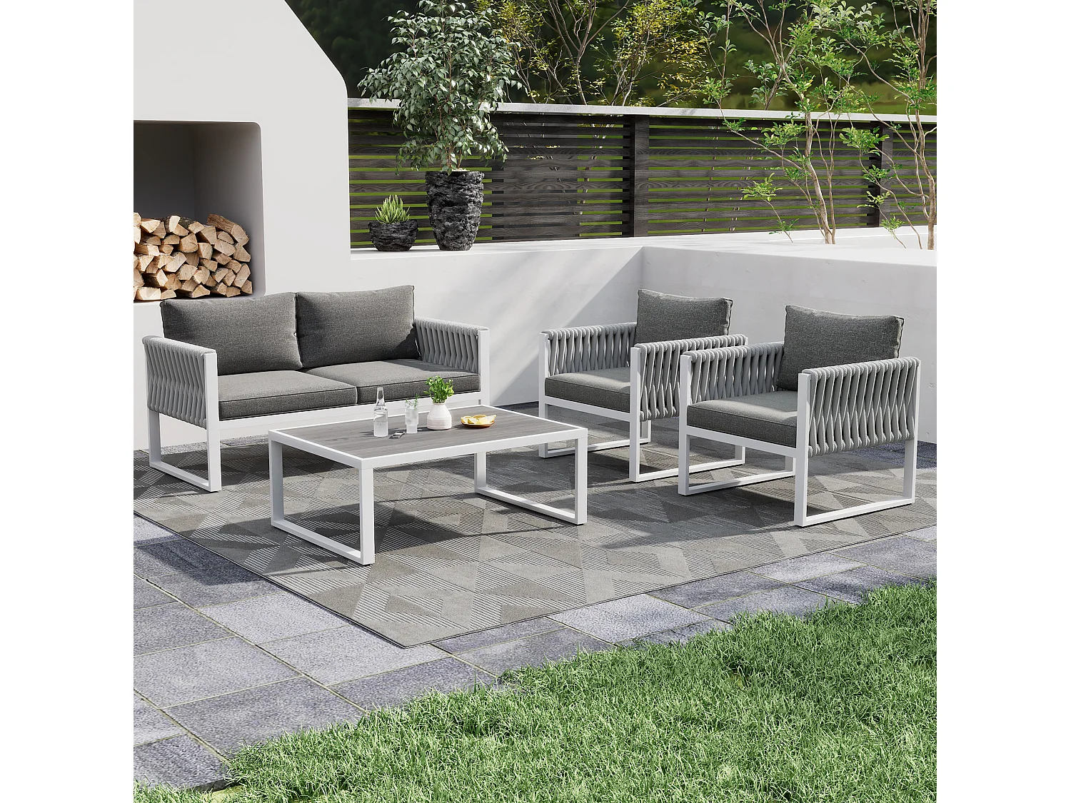 Conjunto de muebles de jardín de hierro galvanizado: 1 sofá + 2 sillones + 1 mesa de centro - Cojines acolchados de 9 cm - Gris + blanco