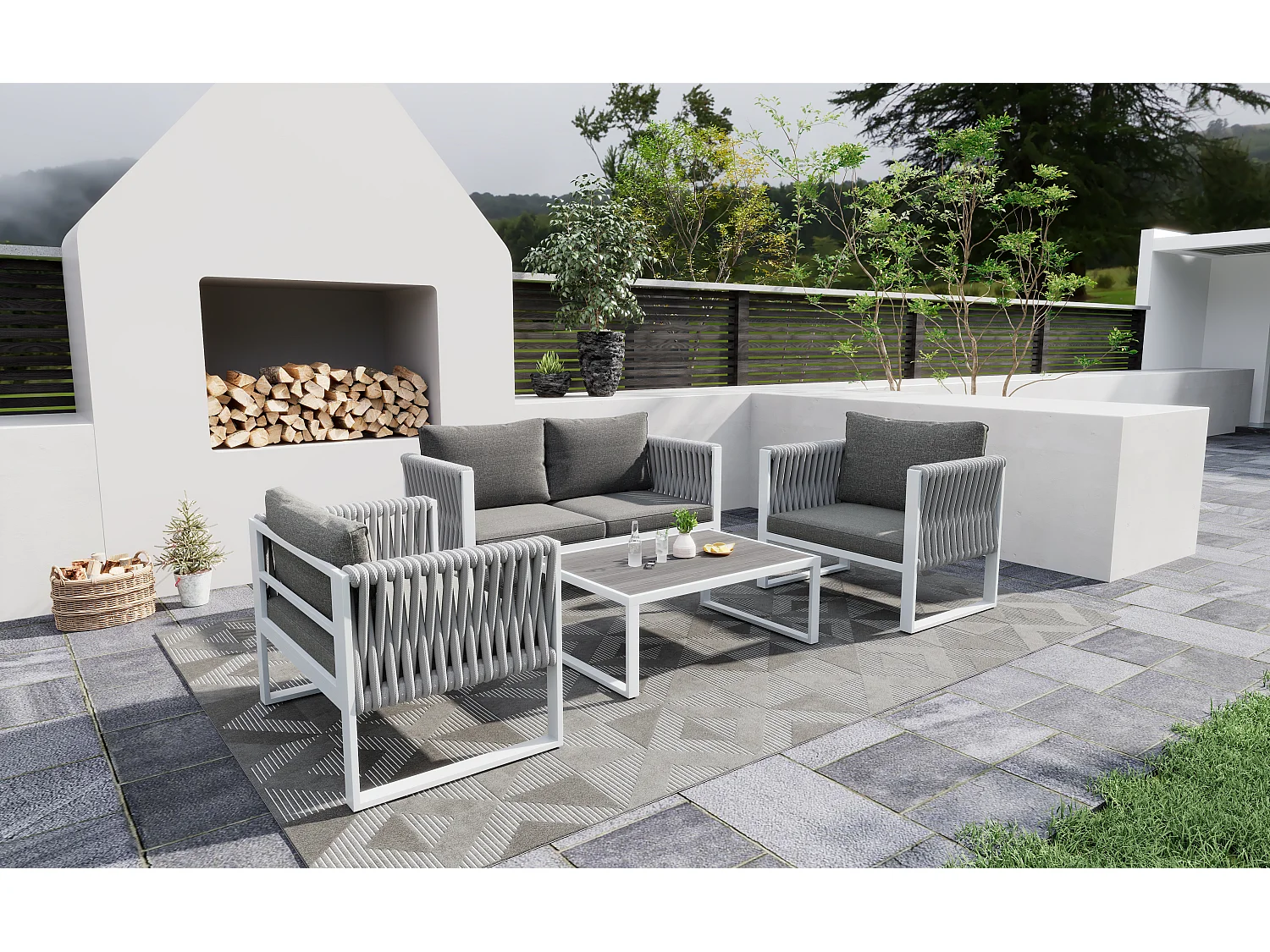 Conjunto de muebles de jardín de hierro galvanizado: 1 sofá + 2 sillones + 1 mesa de centro - Cojines acolchados de 9 cm - Gris + blanco