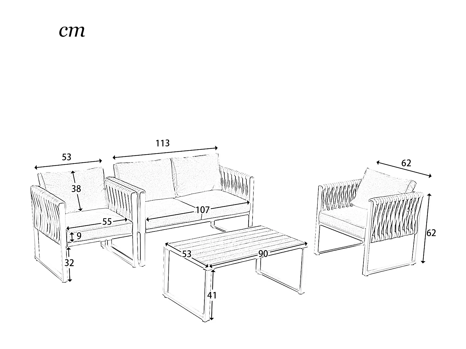 Conjunto de muebles de jardín de hierro galvanizado: 1 sofá + 2 sillones + 1 mesa de centro - Cojines acolchados de 9 cm - Gris + blanco