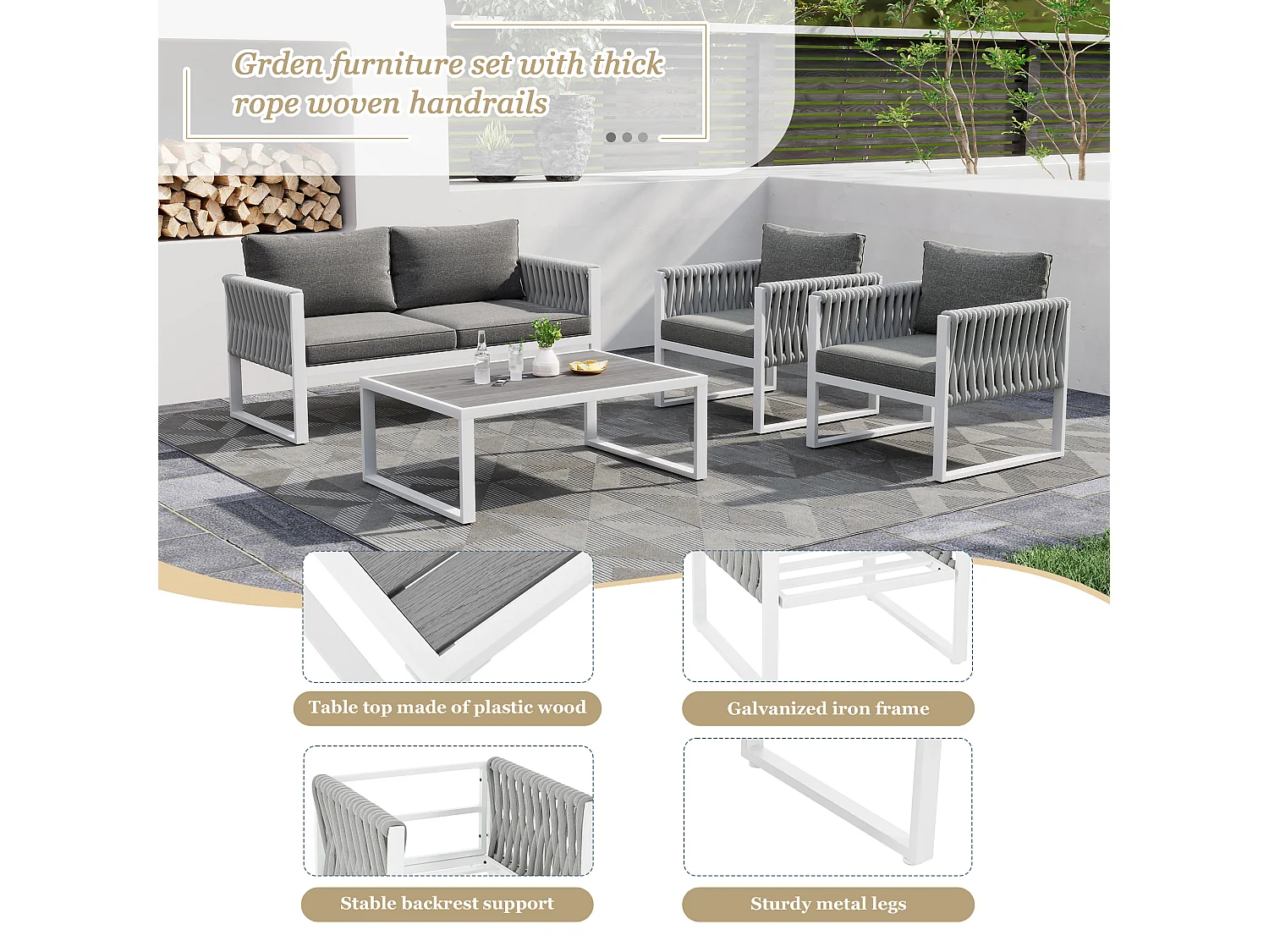 Conjunto de muebles de jardín de hierro galvanizado: 1 sofá + 2 sillones + 1 mesa de centro - Cojines acolchados de 9 cm - Gris + blanco