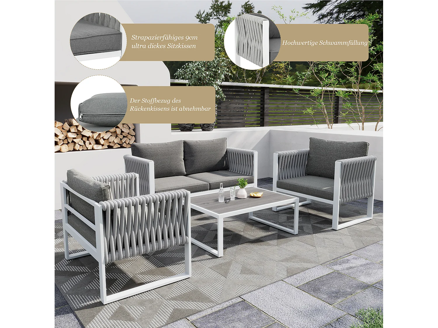 Conjunto de muebles de jardín de hierro galvanizado: 1 sofá + 2 sillones + 1 mesa de centro - Cojines acolchados de 9 cm - Gris + blanco