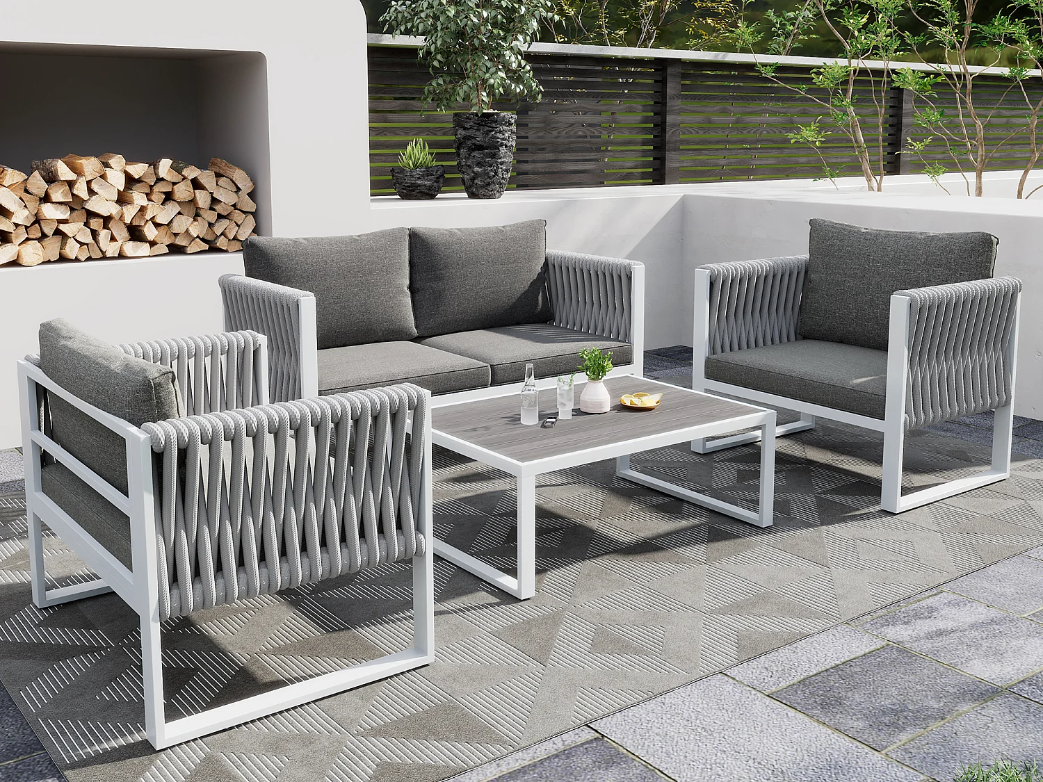 Conjunto de muebles de jardín de hierro galvanizado: 1 sofá + 2 sillones + 1 mesa de centro - Cojines acolchados de 9 cm - Gris + blanco