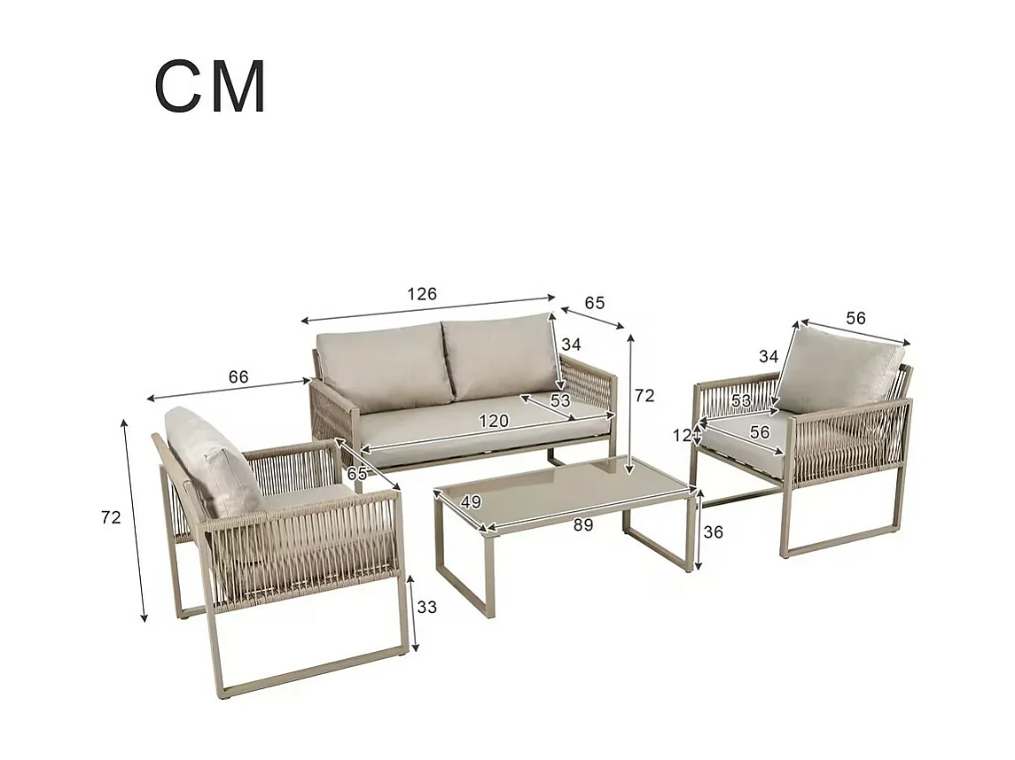 4-zits tuinmeubelset van gegalvaniseerd ijzer: 1 bank + 2 fauteuils + 1 glazen salontafel - Inclusief kussens - Kaki
