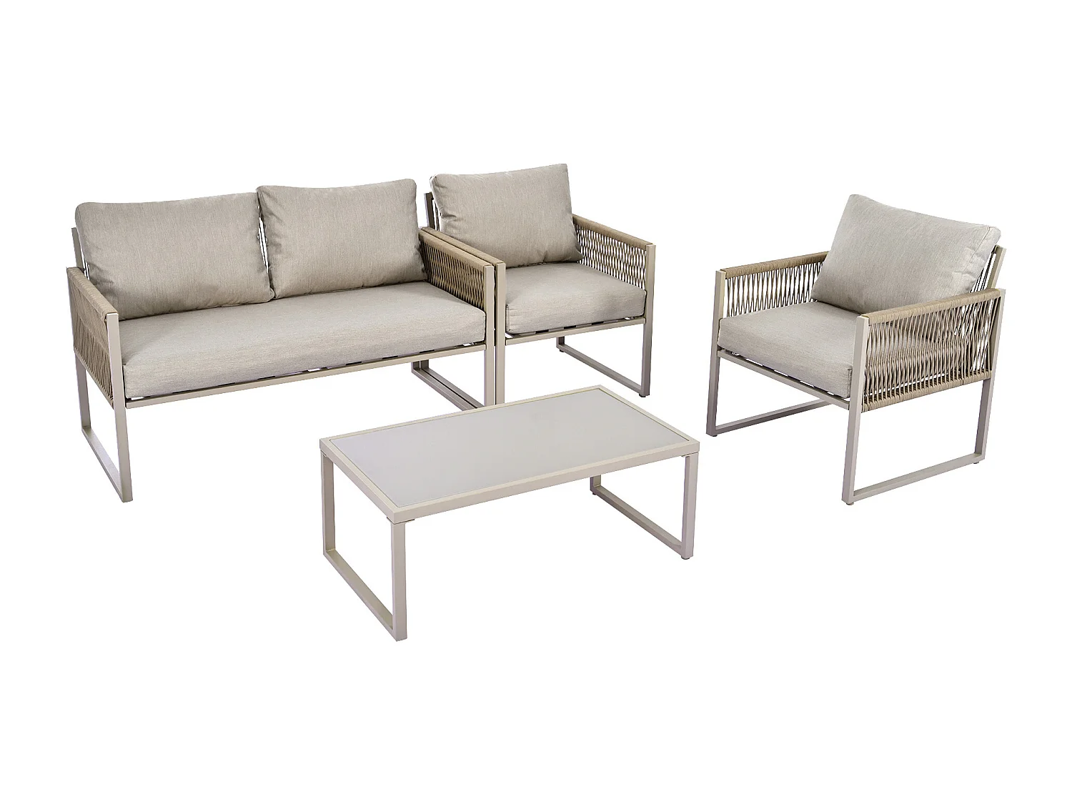 4-zits tuinmeubelset van gegalvaniseerd ijzer: 1 bank + 2 fauteuils + 1 glazen salontafel - Inclusief kussens - Kaki