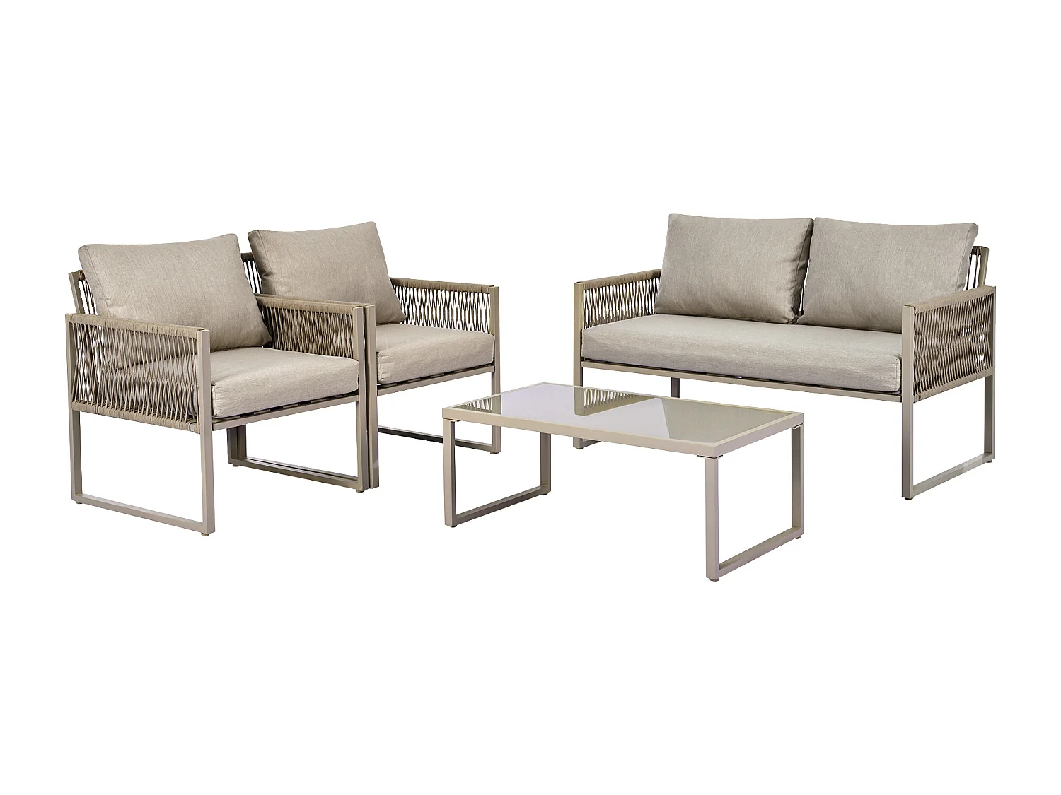 4-zits tuinmeubelset van gegalvaniseerd ijzer: 1 bank + 2 fauteuils + 1 glazen salontafel - Inclusief kussens - Kaki