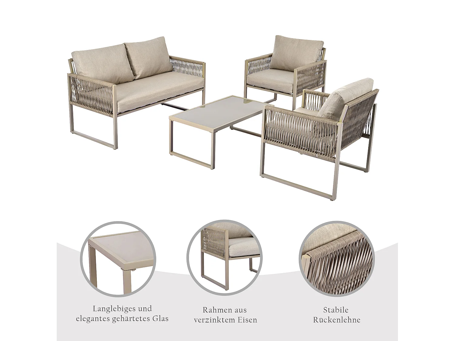 4-zits tuinmeubelset van gegalvaniseerd ijzer: 1 bank + 2 fauteuils + 1 glazen salontafel - Inclusief kussens - Kaki