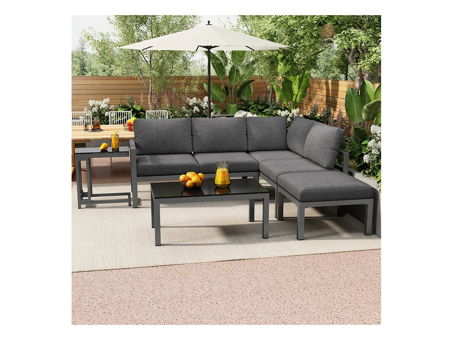 Ensemble salon de jardin d'angle en aluminium 5 places - 2 canapés modulables + 1 pouf + 2 tables basses - Gris