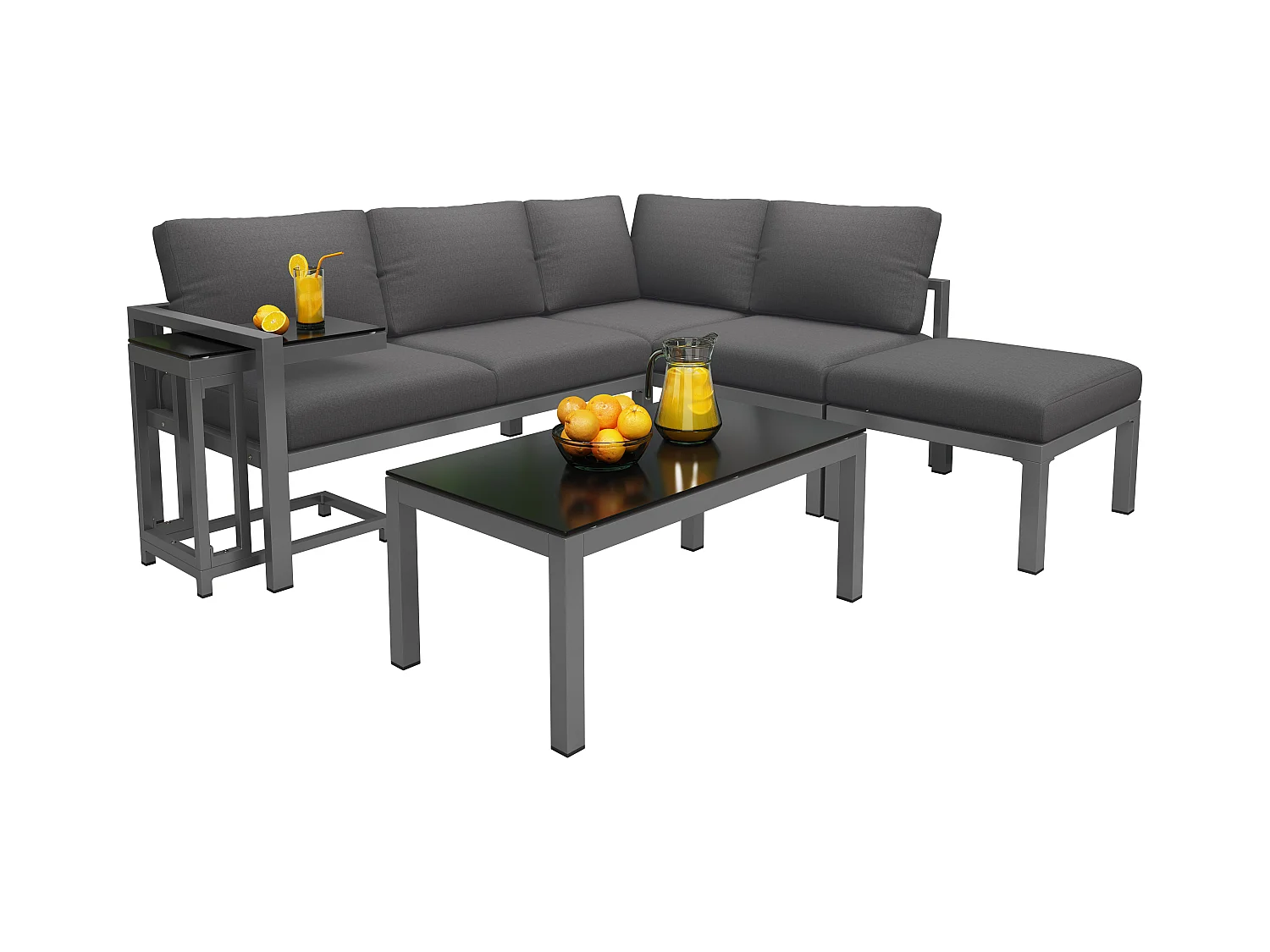 Ensemble salon de jardin d'angle en aluminium 5 places - 2 canapés modulables + 1 pouf + 2 tables basses - Gris
