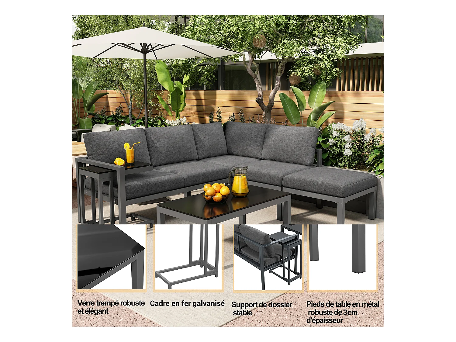 Ensemble salon de jardin d'angle en aluminium 5 places - 2 canapés modulables + 1 pouf + 2 tables basses - Gris