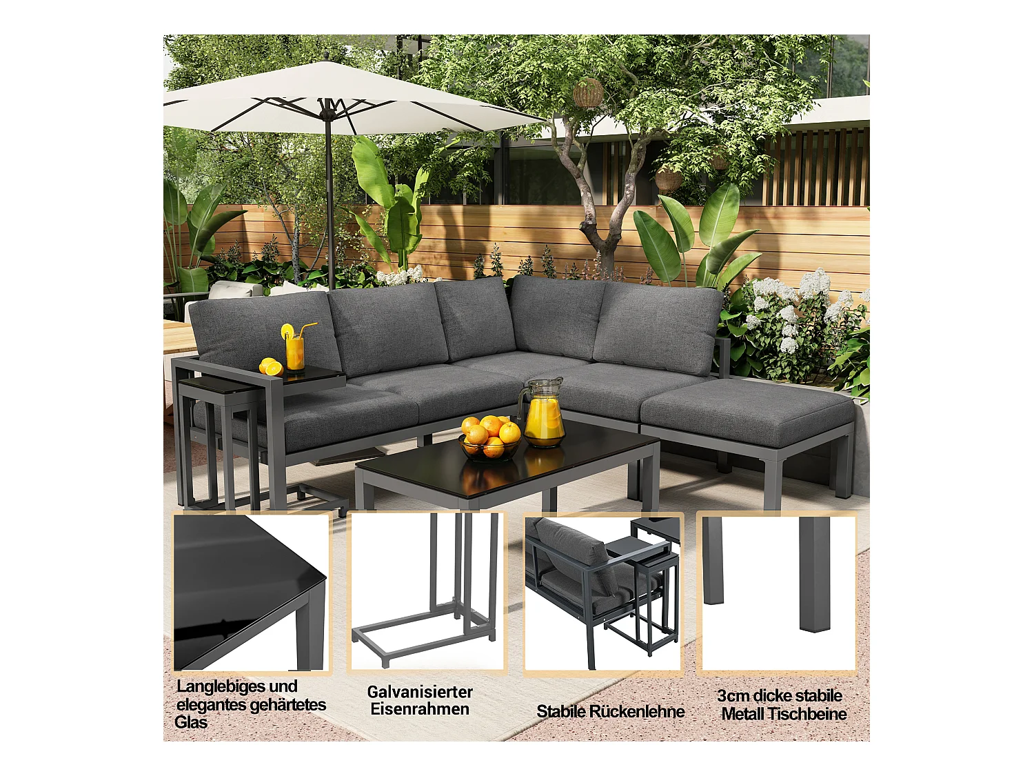 Ensemble salon de jardin d'angle en aluminium 5 places - 2 canapés modulables + 1 pouf + 2 tables basses - Gris