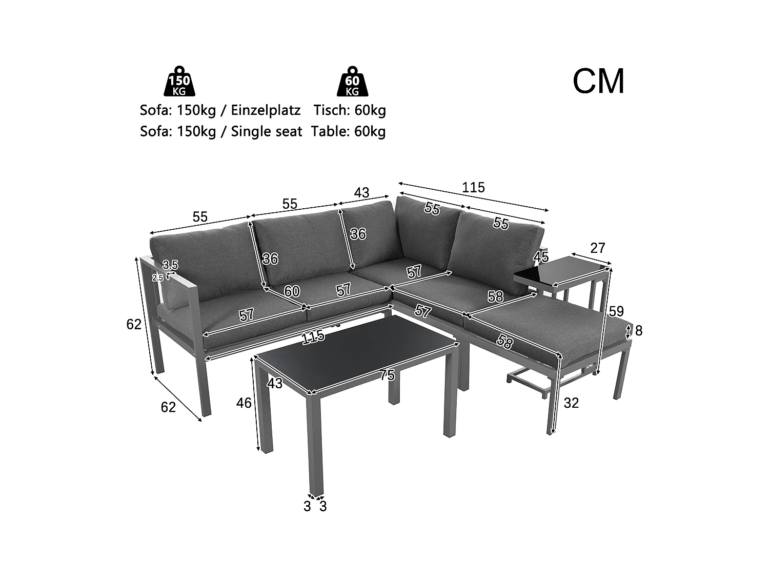 Ensemble salon de jardin d'angle en aluminium 5 places - 2 canapés modulables + 1 pouf + 2 tables basses - Gris