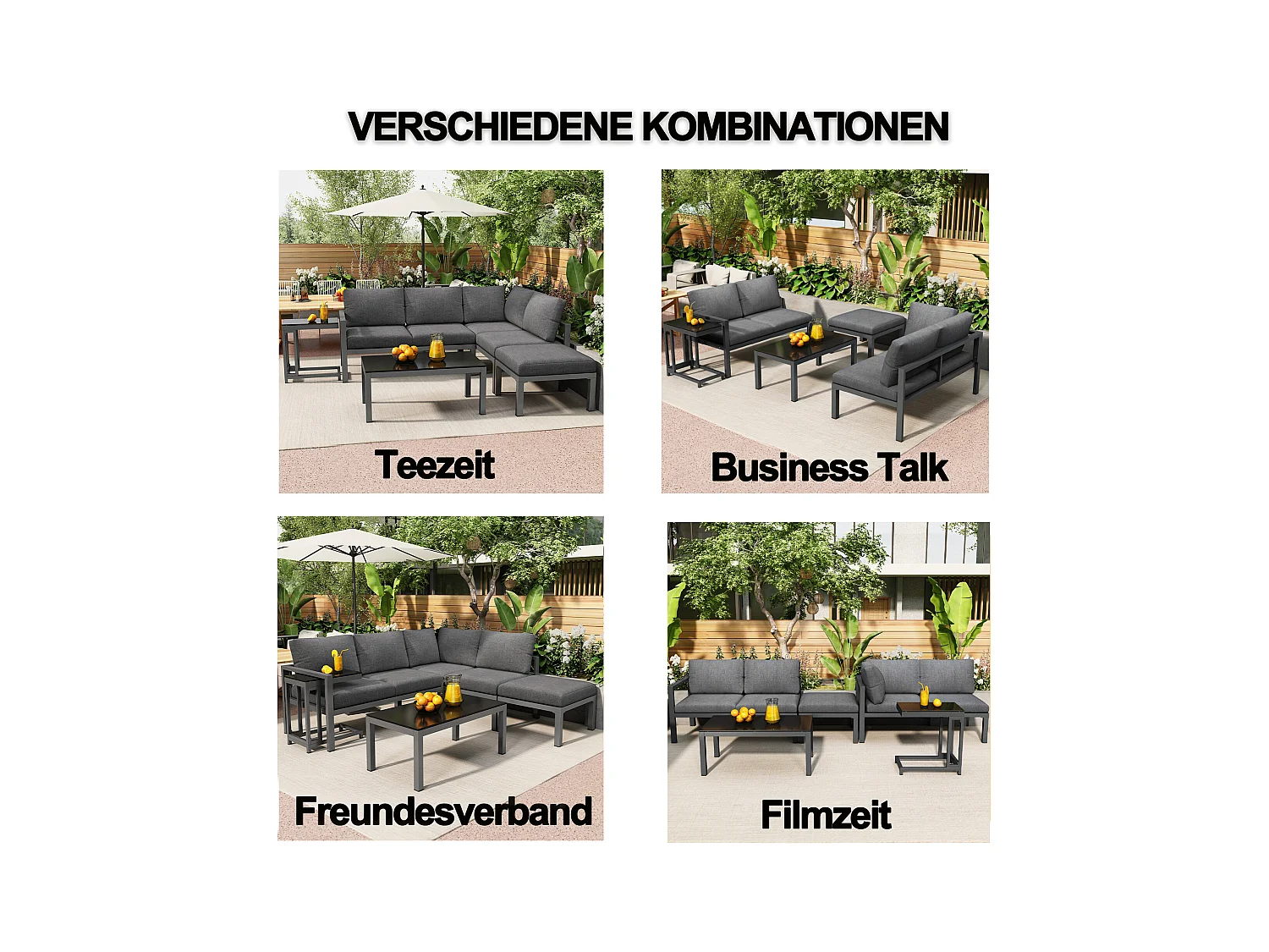 Ensemble salon de jardin d'angle en aluminium 5 places - 2 canapés modulables + 1 pouf + 2 tables basses - Gris