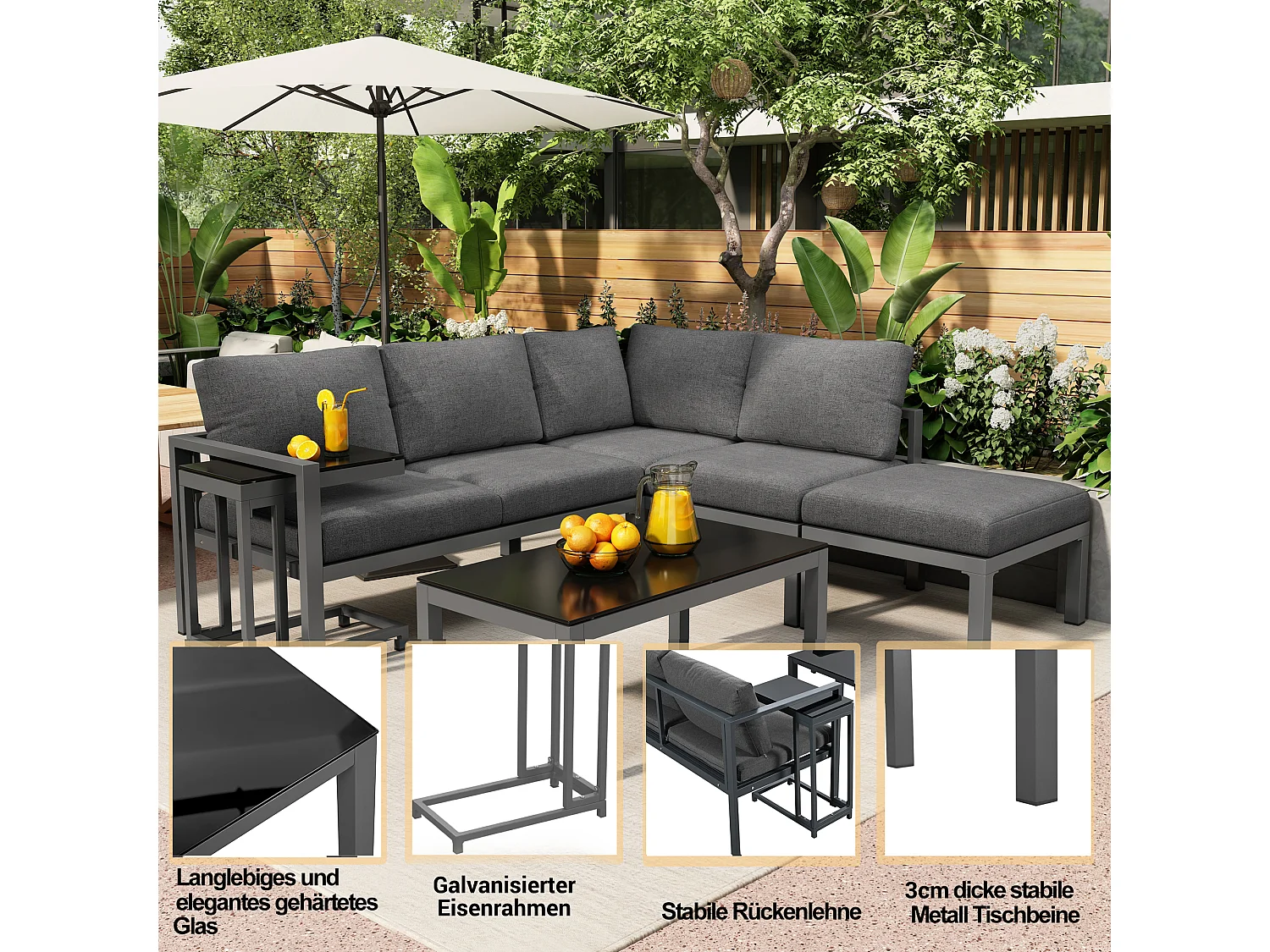 5-zits aluminium hoektuinset - 2 modulaire banken + 1 poef + 2 salontafels - Grijs