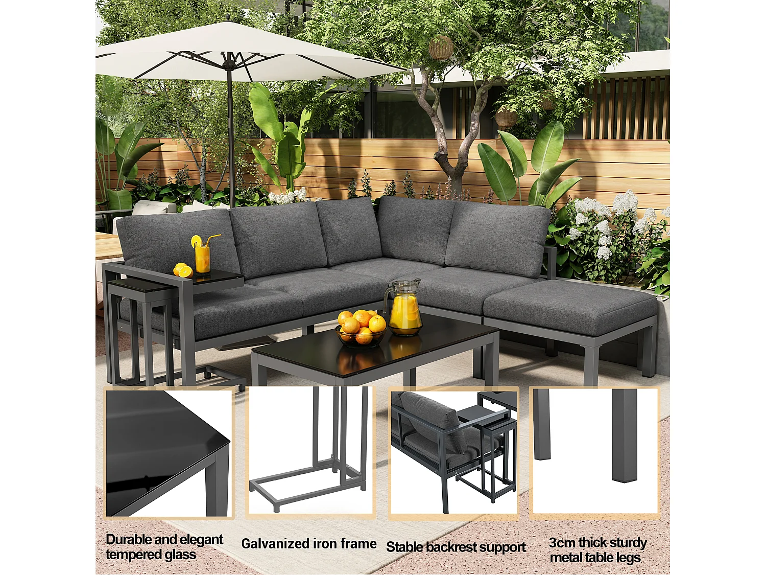 5-zits aluminium hoektuinset - 2 modulaire banken + 1 poef + 2 salontafels - Grijs