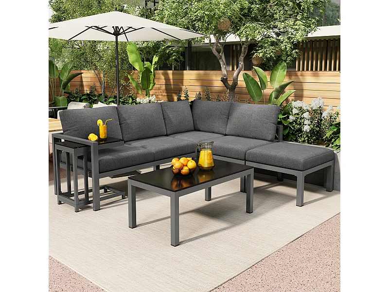 Set di mobili da giardino angolari in alluminio a 5 posti - 2 divani modulari + 1 pouf + 2 tavolini da caffè - Grigio