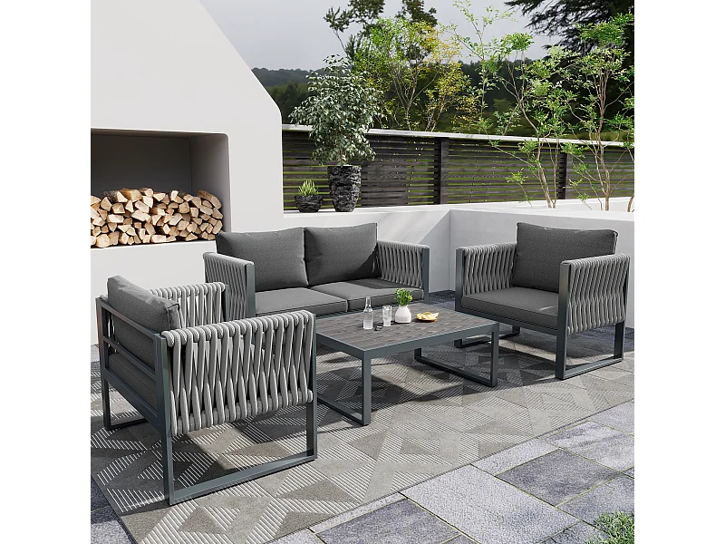 Gartenmöbel-Set aus verzinktem Eisen: 1 Sofa + 2 Sessel + 1 Couchtisch - 9 cm gepolsterte Kissen - Grau