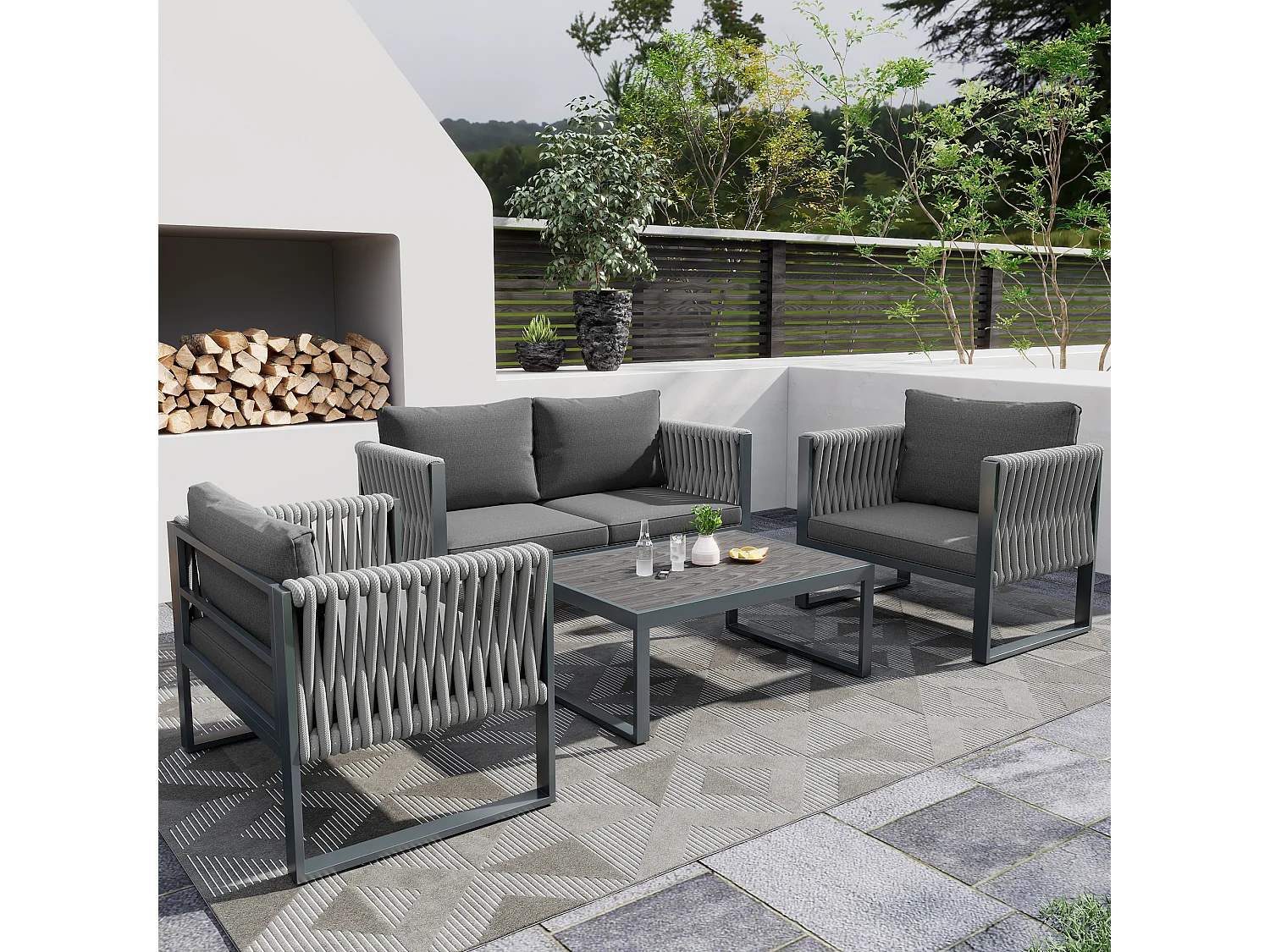 Gartenmöbel-Set aus verzinktem Eisen: 1 Sofa + 2 Sessel + 1 Couchtisch - 9 cm gepolsterte Kissen - Grau