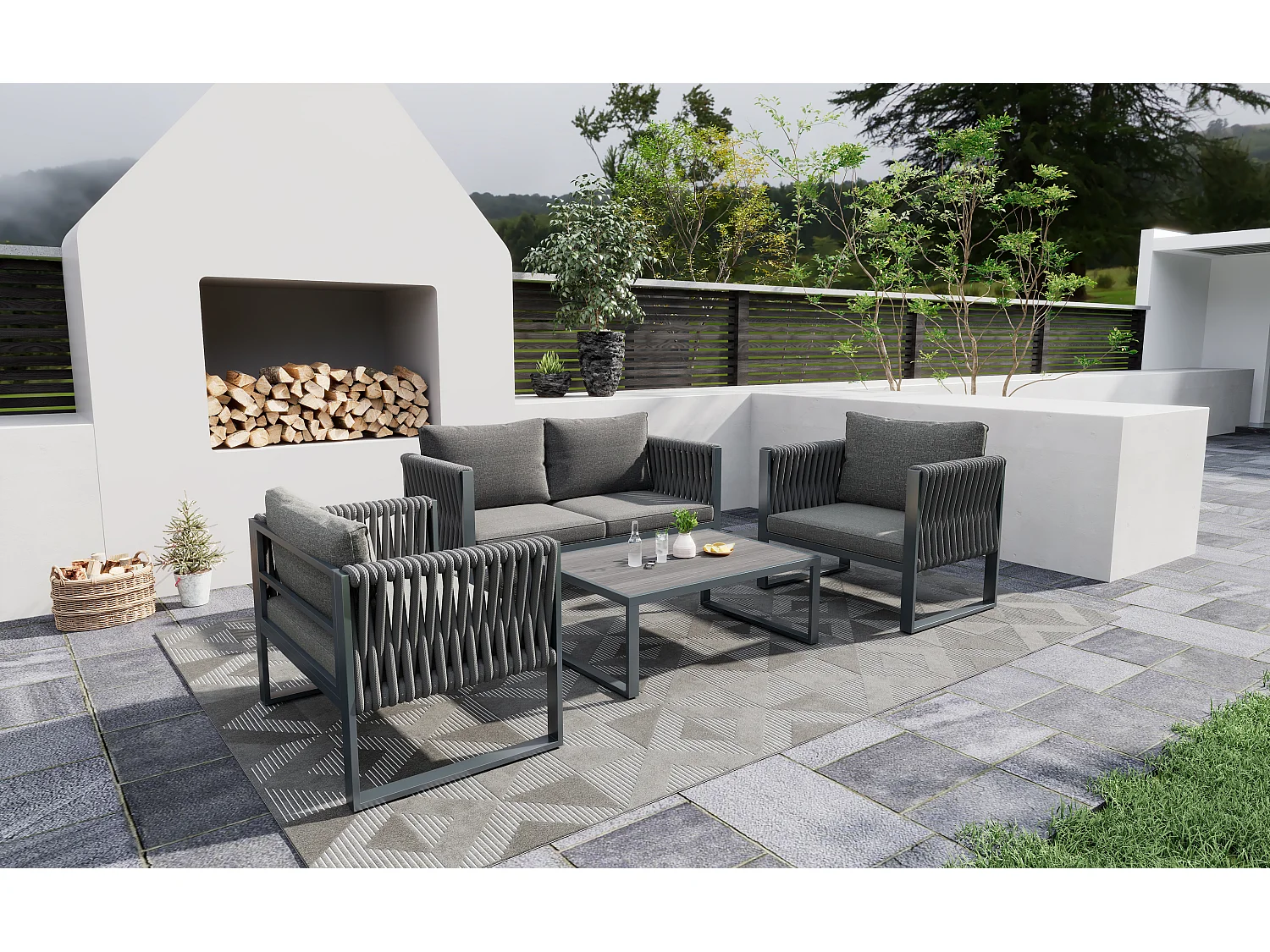 Gartenmöbel-Set aus verzinktem Eisen: 1 Sofa + 2 Sessel + 1 Couchtisch - 9 cm gepolsterte Kissen - Grau