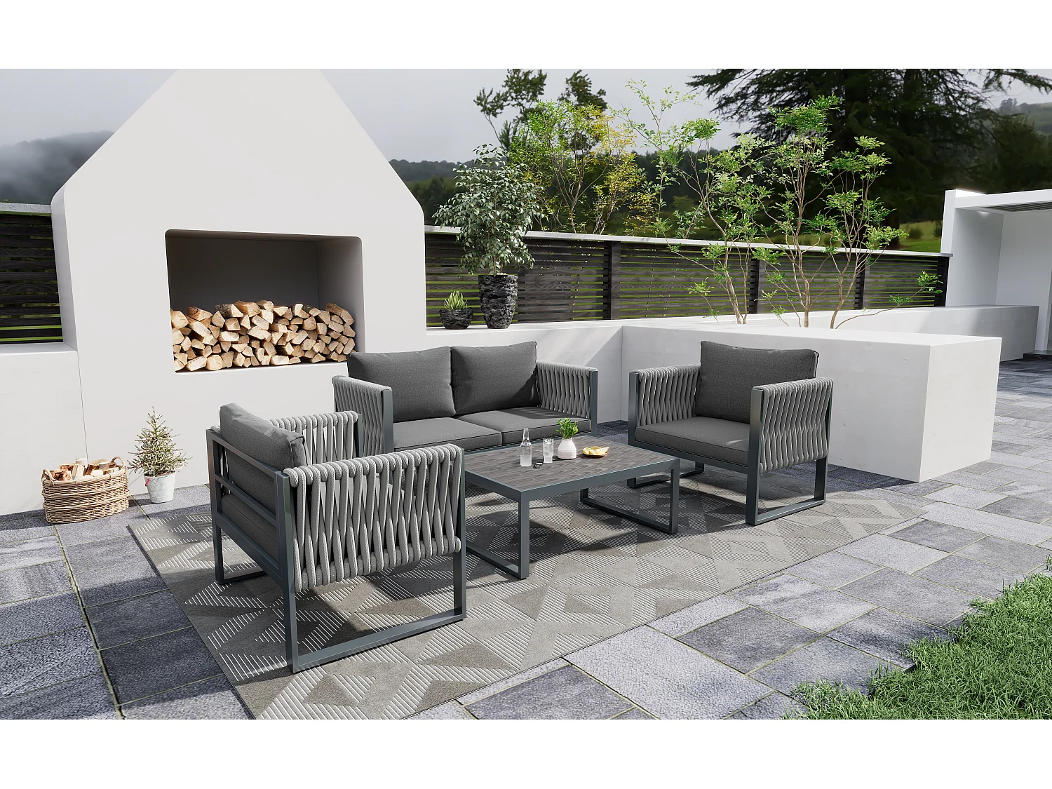 Gartenmöbel-Set aus verzinktem Eisen: 1 Sofa + 2 Sessel + 1 Couchtisch - 9 cm gepolsterte Kissen - Grau