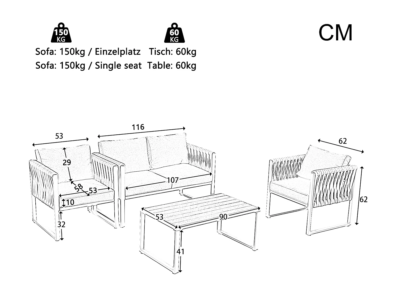 Gartenmöbel-Set aus verzinktem Eisen: 1 Sofa + 2 Sessel + 1 Couchtisch - 9 cm gepolsterte Kissen - Grau