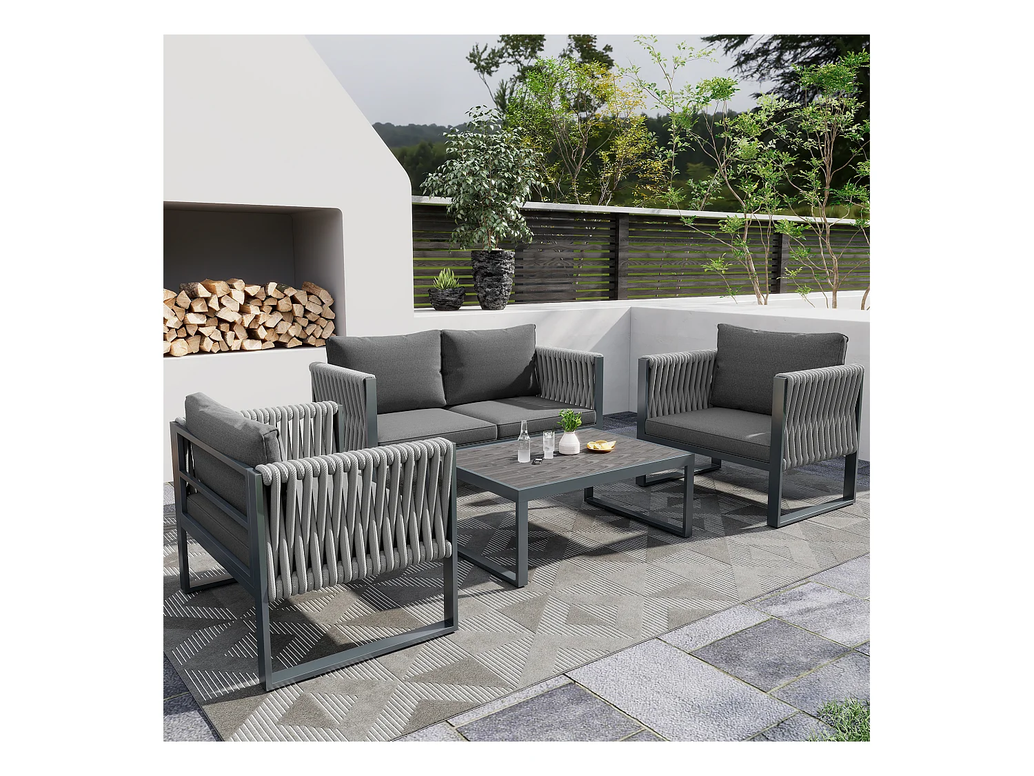 Ensemble salon de jardin en fer galvanisé: 1 canapé + 2 fauteuils + 1 table basse - Coussins rembourrage 9 cm - Gris