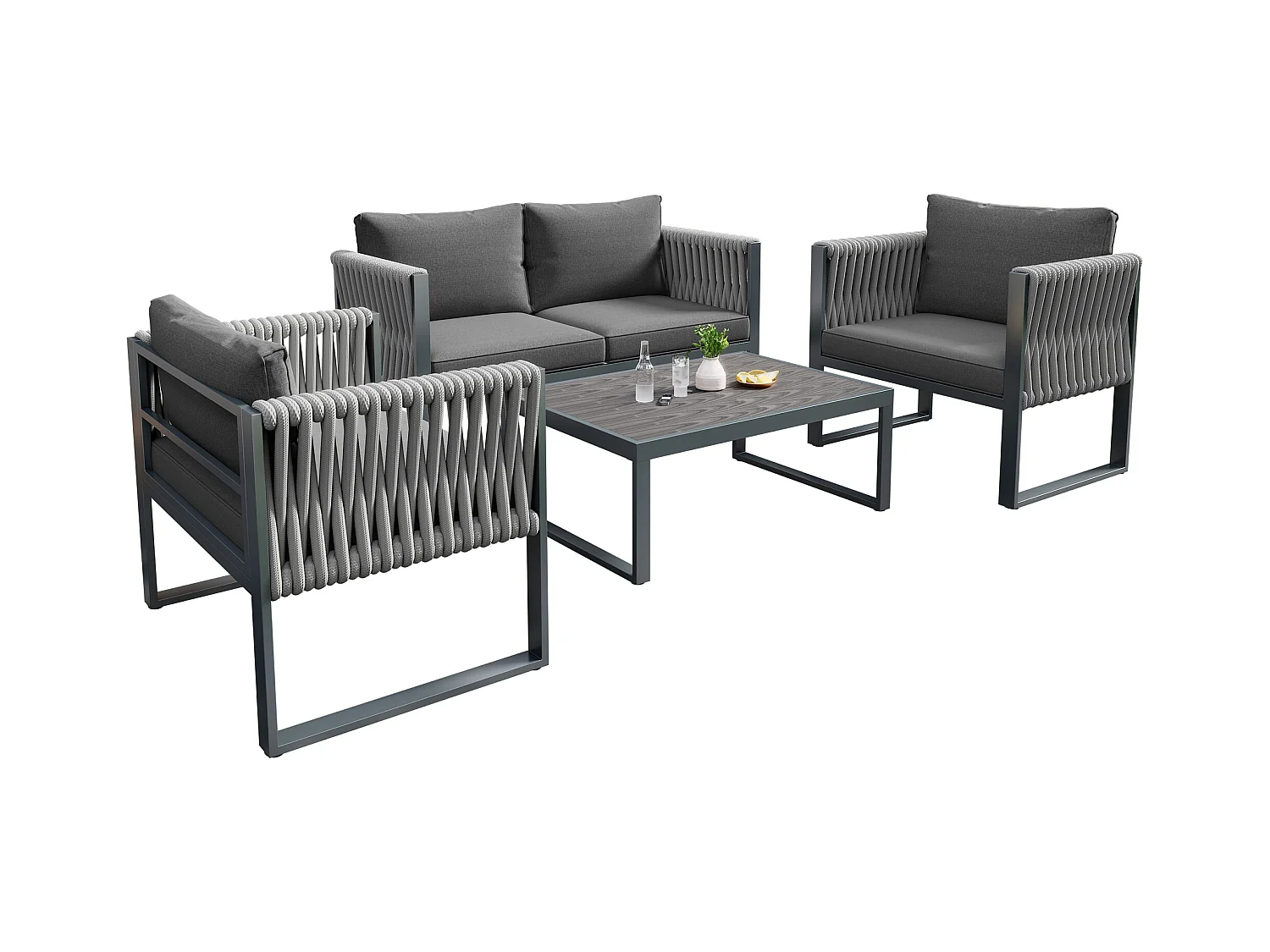 Tuinmeubelset van gegalvaniseerd ijzer: 1 bank + 2 fauteuils + 1 salontafel - 9 cm dikke kussens - Grijs