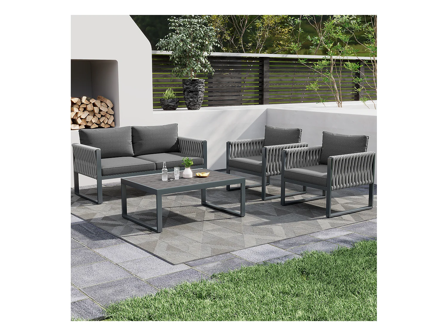 Tuinmeubelset van gegalvaniseerd ijzer: 1 bank + 2 fauteuils + 1 salontafel - 9 cm dikke kussens - Grijs